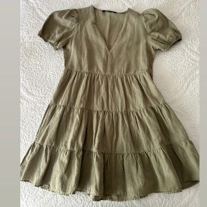 Linen Blend Tiered Dress Light Khaki